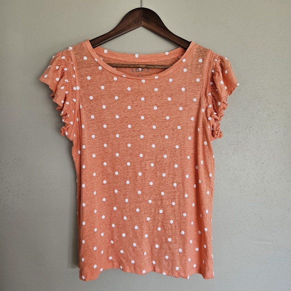 Loft Linen Shirt Womens M Orange Polka Dot Short Flounce Sleeve Ruffle Fairy